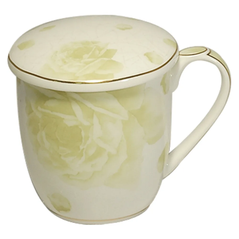 附蓋骨瓷馬克杯 咖啡杯 花茶杯 350 cc -典雅綠玫瑰