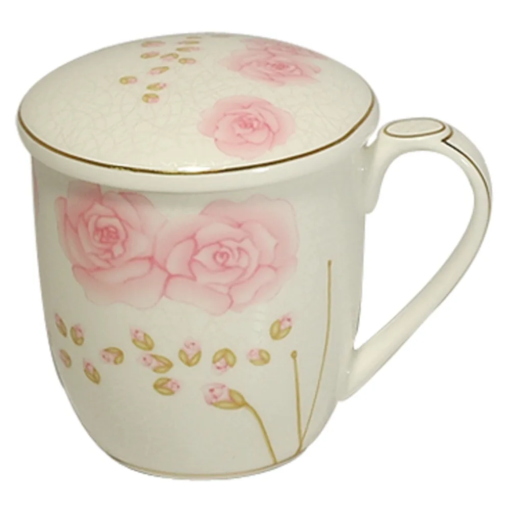 附蓋骨瓷馬克杯 咖啡杯 花茶杯 350 cc -戀戀紅薔薇