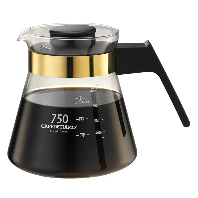 【停產】Tiamo 玻璃咖啡壺750cc 金 電木把手 通過SGS檢測