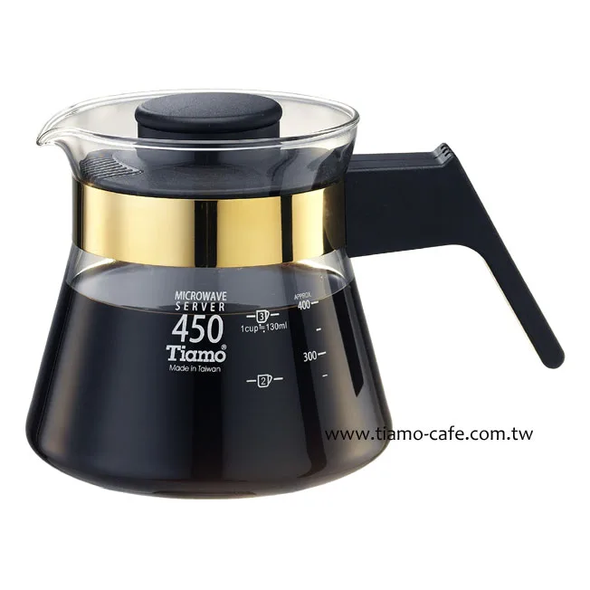 【停產】Tiamo 玻璃咖啡壺450cc 金 電木把手 通過SGS檢測