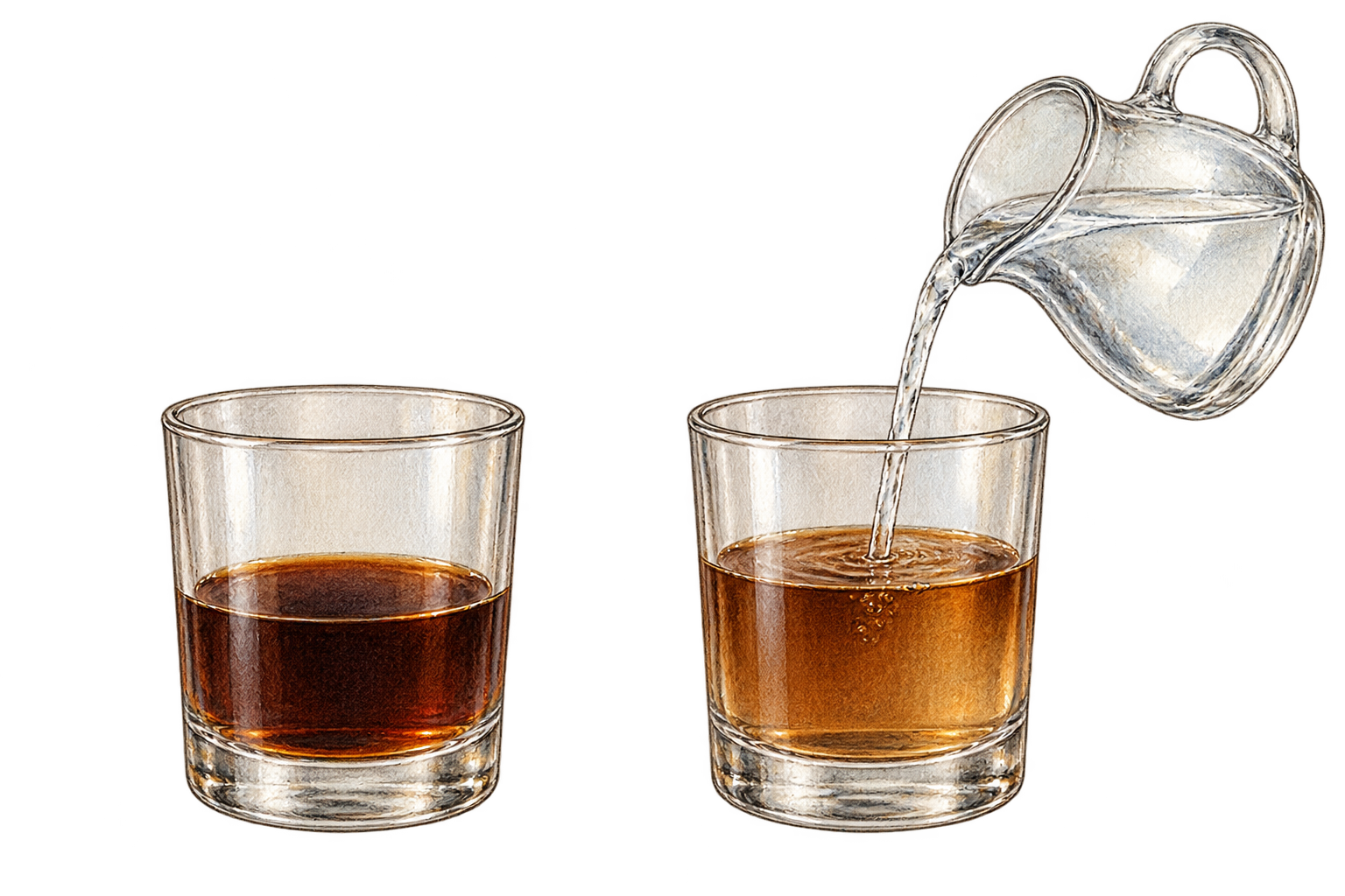 精細手繪：兩只相同玻璃杯，左杯保留原咖啡，右杯加入清水後液面較高、色澤較淡