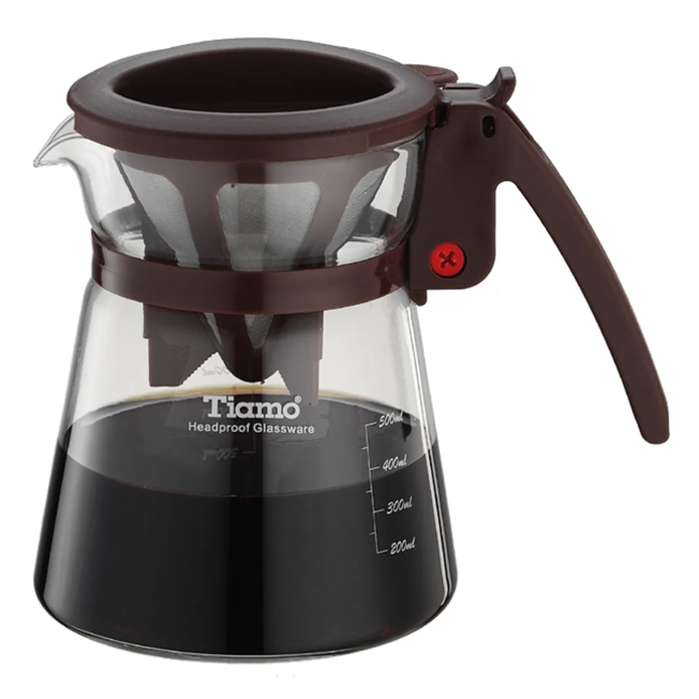 CafeDeTiamo 極細濾網分享壺-咖啡色500ml 附滴水盤